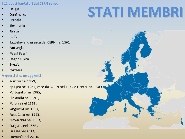 I 12 paesi fondatori del CERN sono: • Belgio • Danimarca • Francia •