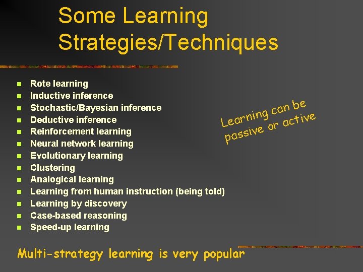 Some Learning Strategies/Techniques n n n n Rote learning Inductive inference e b Stochastic/Bayesian