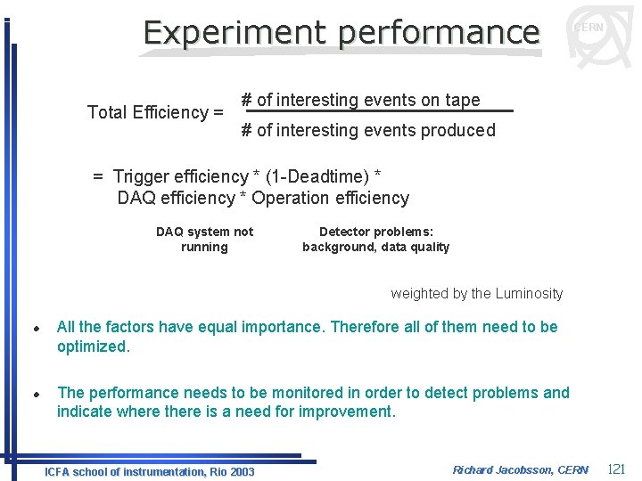 Experiment performance Total Efficiency = CERN # of interesting events on tape # of