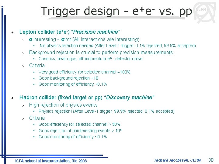 Trigger design l e +e - vs. pp CERN Lepton collider (e+e-) “Precision machine”