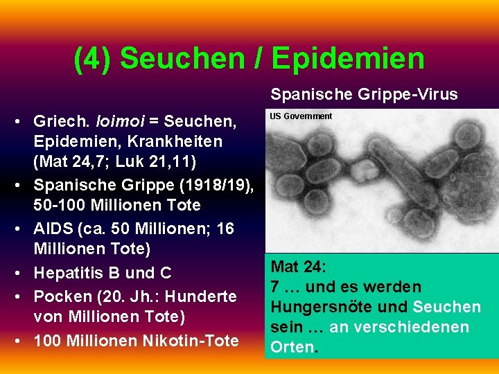 (4) Seuchen / Epidemien Spanische Grippe-Virus • Griech. loimoi = Seuchen, Epidemien, Krankheiten (Mat
