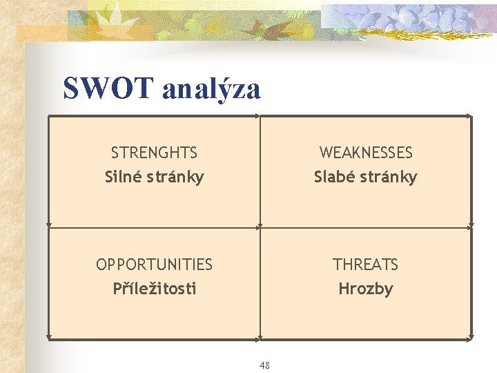 SWOT analýza STRENGHTS Silné stránky WEAKNESSES Slabé stránky OPPORTUNITIES Příležitosti THREATS Hrozby 48 