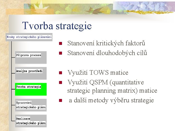 Tvorba strategie n n n Stanovení kritických faktorů Stanovení dlouhodobých cílů Využití TOWS matice