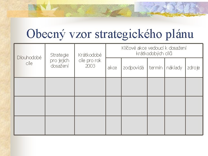 Obecný vzor strategického plánu Dlouhodobé cíle Strategie pro jejich dosažení Krátkodobé cíle pro rok