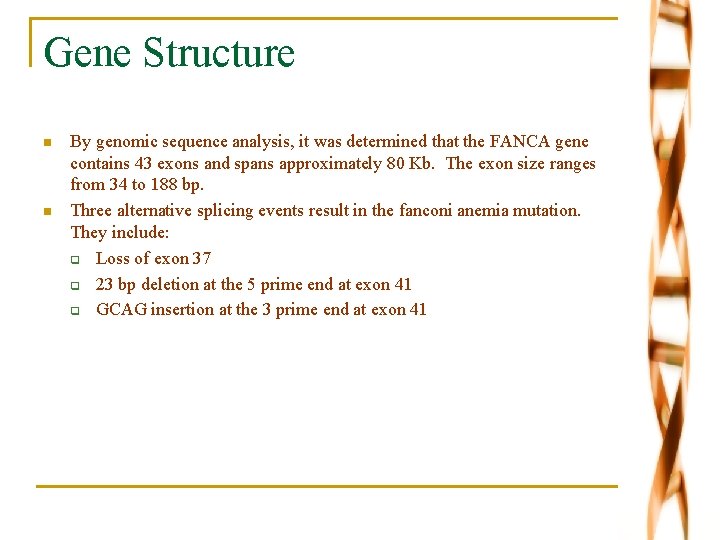 Gene Structure n n By genomic sequence analysis, it was determined that the FANCA
