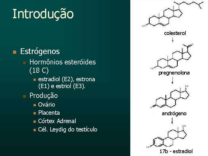 Introdução colesterol n Estrógenos n Hormônios esteróides (18 C) n n estradiol (E 2),