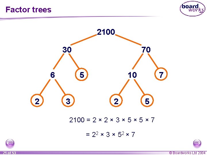 Factor trees 2100 30 6 2 70 5 3 10 2 7 5 2100 Factor trees 2100 30 6 2 70 5 3 10 2 7 5 2100