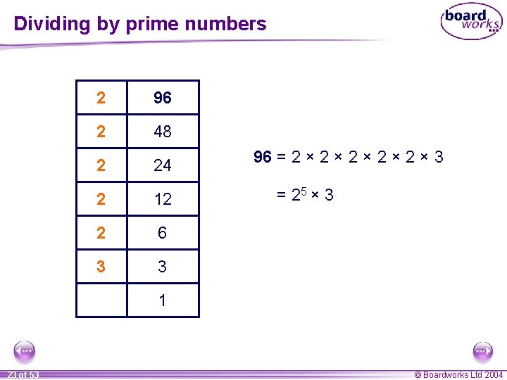 Dividing by prime numbers 2 96 2 48 2 24 2 12 2 6 Dividing by prime numbers 2 96 2 48 2 24 2 12 2 6