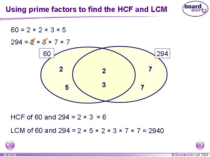 Using prime factors to find the HCF and LCM 60 = 2 × 3 Using prime factors to find the HCF and LCM 60 = 2 × 3