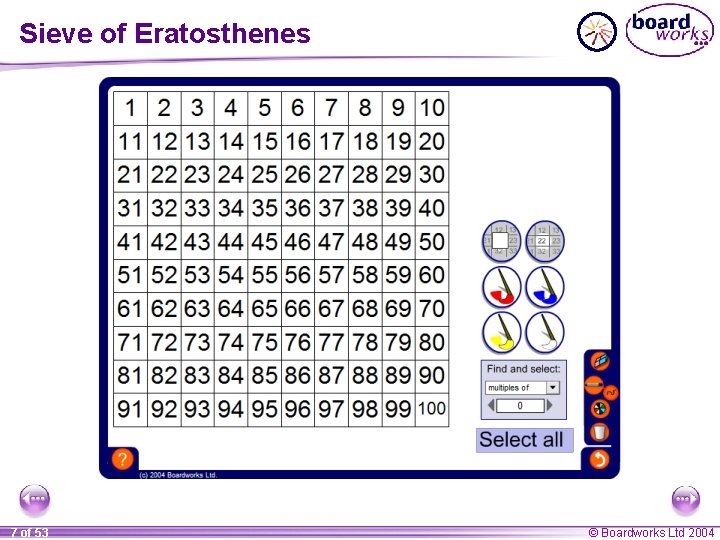 Sieve of Eratosthenes 7 of 53 © Boardworks Ltd 2004 Sieve of Eratosthenes 7 of 53 © Boardworks Ltd 2004