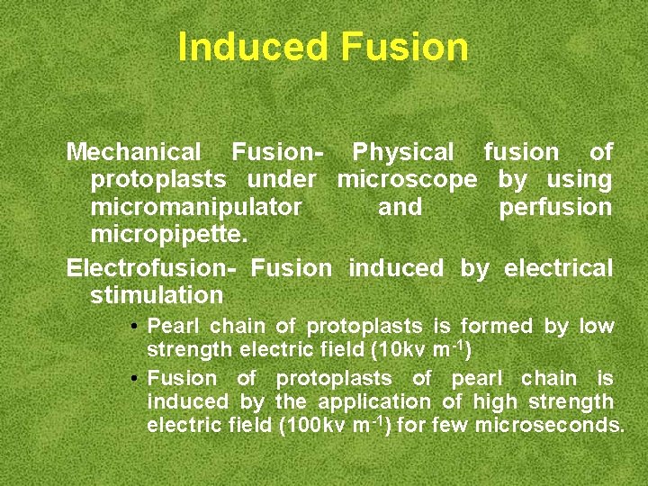 Induced Fusion Mechanical Fusion- Physical fusion of protoplasts under microscope by using micromanipulator and
