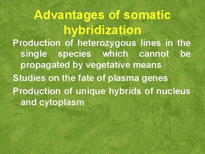 Advantages of somatic hybridization Production of heterozygous lines in the single species which cannot