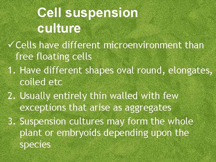 Cell suspension culture Cells have different microenvironment than free floating cells 1. Have different