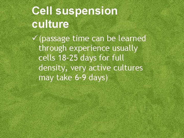 Cell suspension culture (passage time can be learned through experience usually cells 18 -25