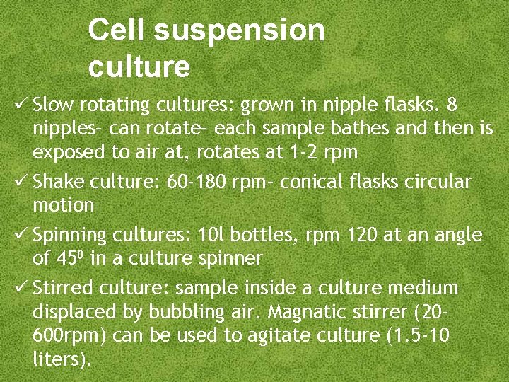 Cell suspension culture Slow rotating cultures: grown in nipple flasks. 8 nipples– can rotate–