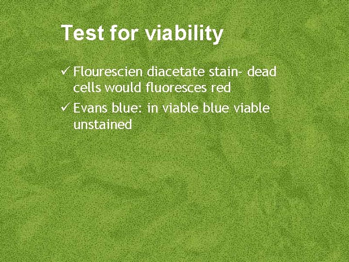 Test for viability Flourescien diacetate stain– dead cells would fluoresces red Evans blue: in