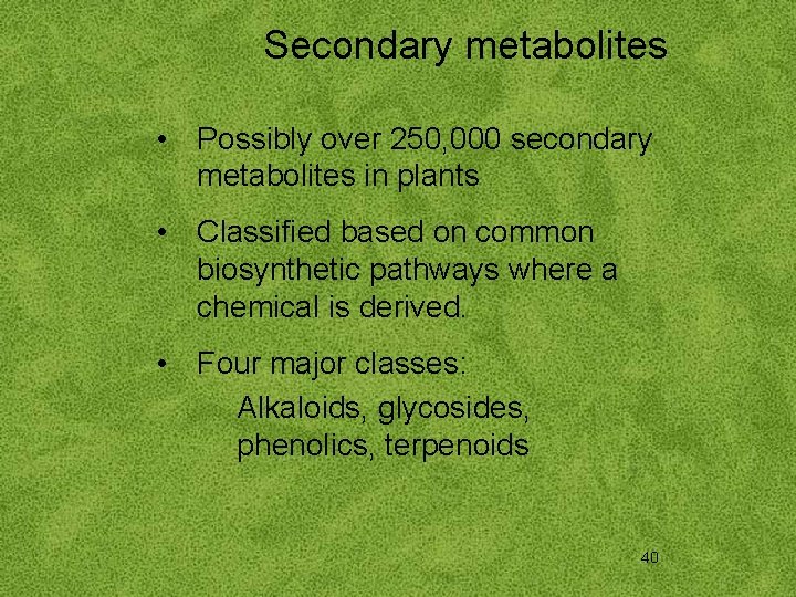 Secondary metabolites • Possibly over 250, 000 secondary metabolites in plants • Classified based