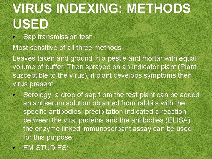 VIRUS INDEXING: METHODS USED • Sap transmission test: Most sensitive of all three methods