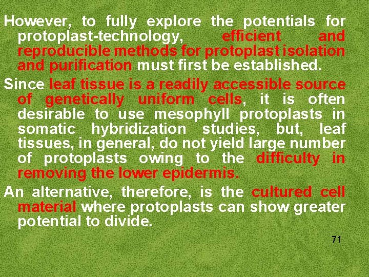 However, to fully explore the potentials for protoplast-technology, efficient and reproducible methods for protoplast