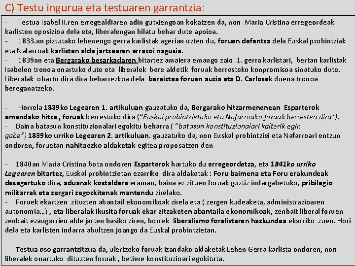 C) Testu ingurua eta testuaren garrantzia: - Testua Isabel II. ren erregealdiaren adin gutxiengoan