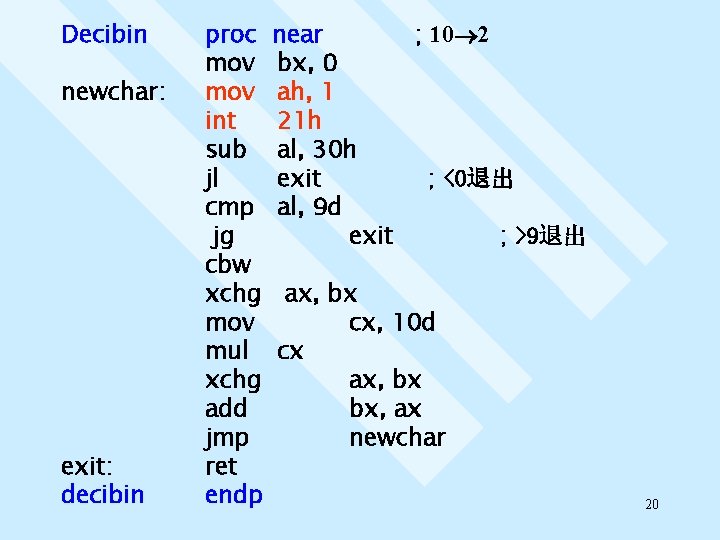 Decibin newchar: exit: decibin proc mov int sub jl cmp jg cbw xchg mov