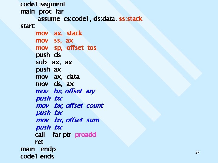 code 1 segment main proc far assume cs: code 1, ds: data, ss: stack