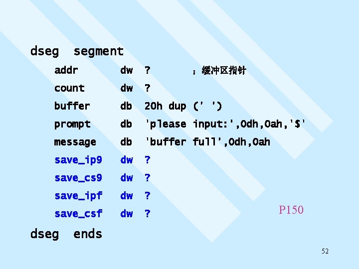 dseg segment addr dw ? count dw ? buffer db 20 h dup ('