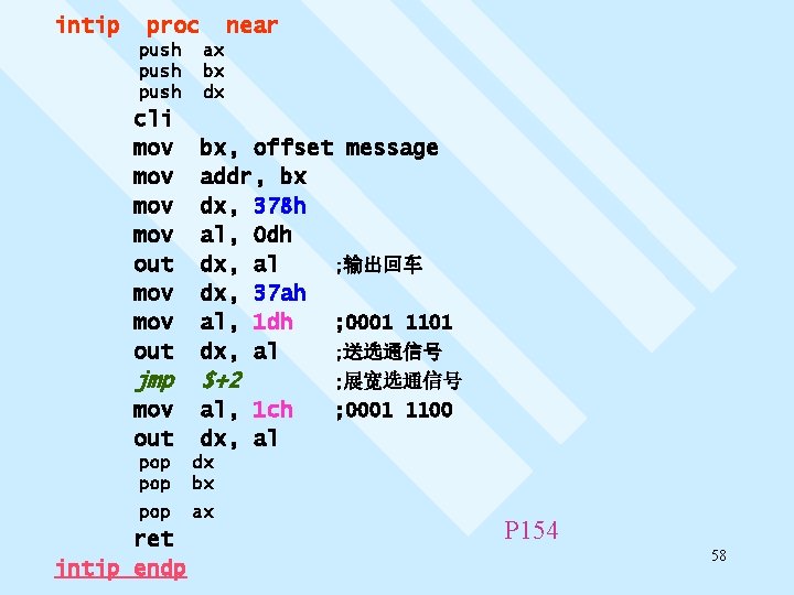 intip proc push near ax bx dx cli mov mov out bx, offset message
