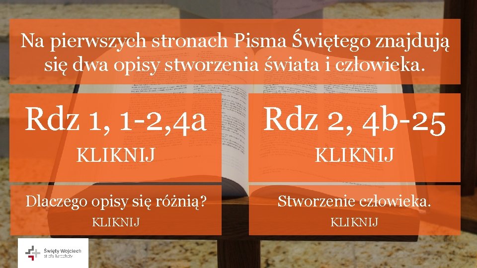 Na pierwszych stronach Pisma Świętego znajdują się dwa opisy stworzenia świata i człowieka. Rdz