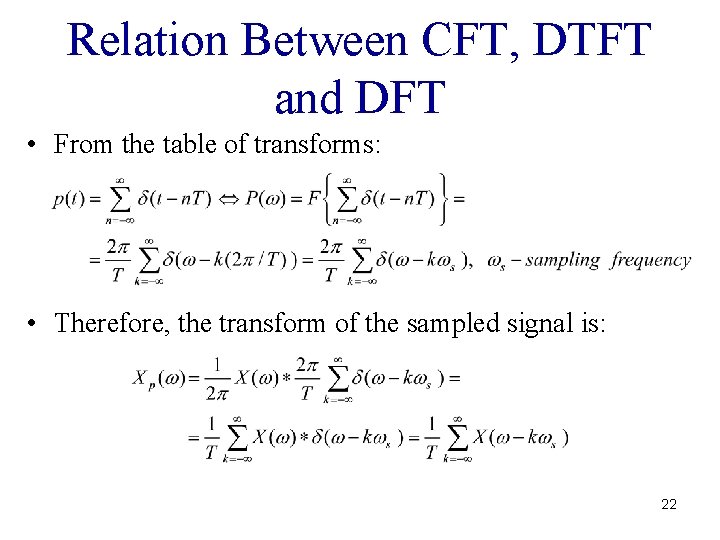 Relation Between CFT, DTFT and DFT • From the table of transforms: • Therefore,