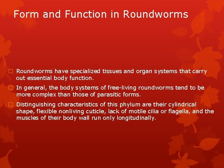 Form and Function in Roundworms � Roundworms have specialized tissues and organ systems that