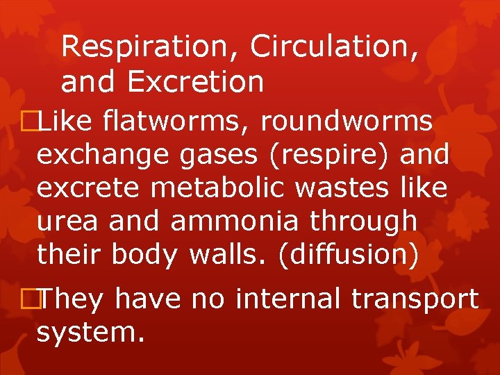 Respiration, Circulation, and Excretion �Like flatworms, roundworms exchange gases (respire) and excrete metabolic wastes