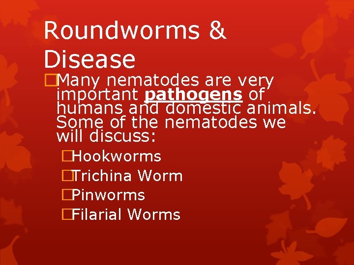 Roundworms & Disease �Many nematodes are very important pathogens of humans and domestic animals.