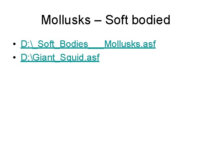 Mollusks – Soft bodied • D: _Soft_Bodies___Mollusks. asf • D: Giant_Squid. asf 