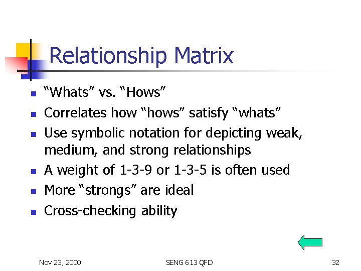 Relationship Matrix n n n “Whats” vs. “Hows” Correlates how “hows” satisfy “whats” Use