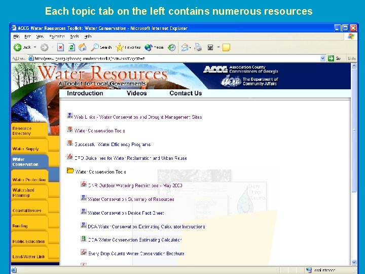 Each topic tab on the left contains numerous resources 