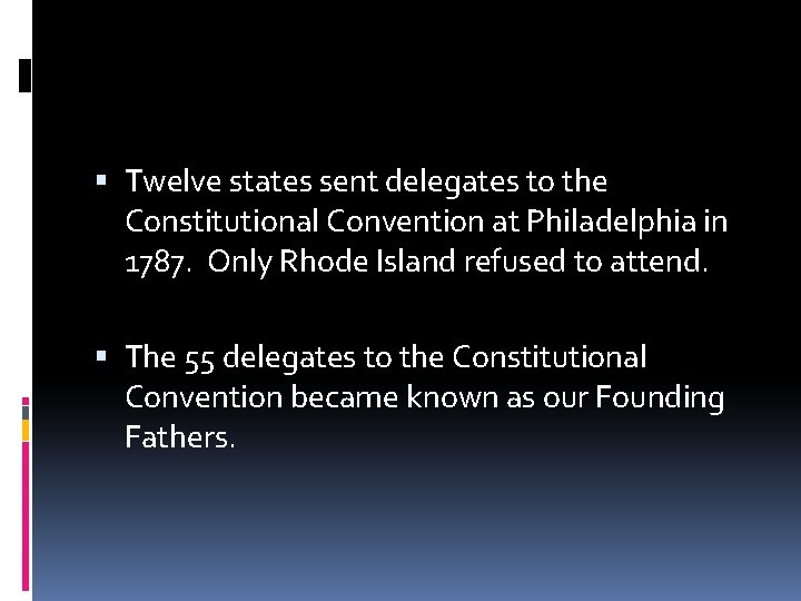  Twelve states sent delegates to the Constitutional Convention at Philadelphia in 1787. Only