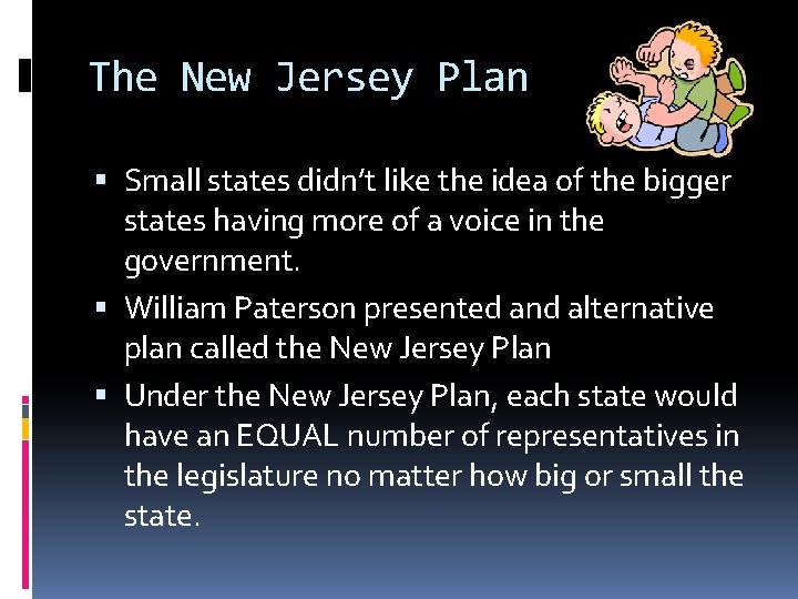 The New Jersey Plan Small states didn’t like the idea of the bigger states