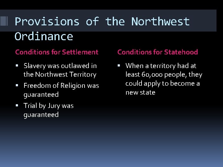 Provisions of the Northwest Ordinance Conditions for Settlement Conditions for Statehood Slavery was outlawed