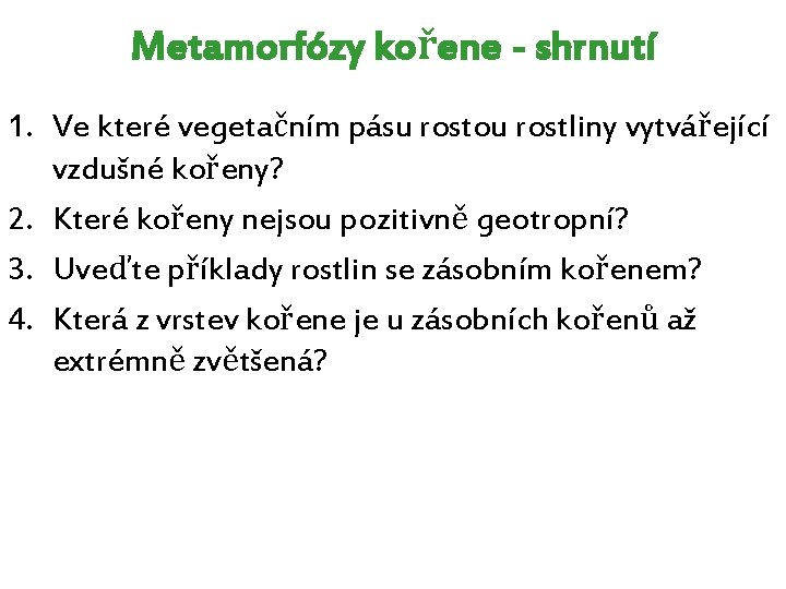 Metamorfózy kořene - shrnutí 1. Ve které vegetačním pásu rostou rostliny vytvářející vzdušné kořeny? Metamorfózy kořene - shrnutí 1. Ve které vegetačním pásu rostou rostliny vytvářející vzdušné kořeny?