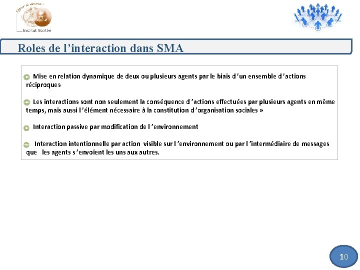 Roles de l’interaction dans SMA Mise en relation dynamique de deux ou plusieurs agents