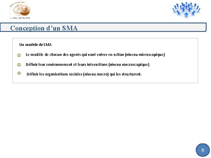 Conception d’un SMA Un modèle de SMA Le modèle de chacun des agents qui