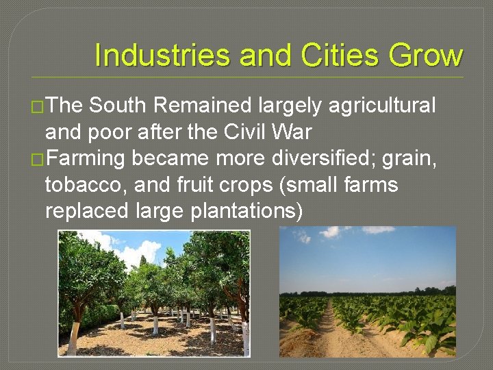 Industries and Cities Grow �The South Remained largely agricultural and poor after the Civil