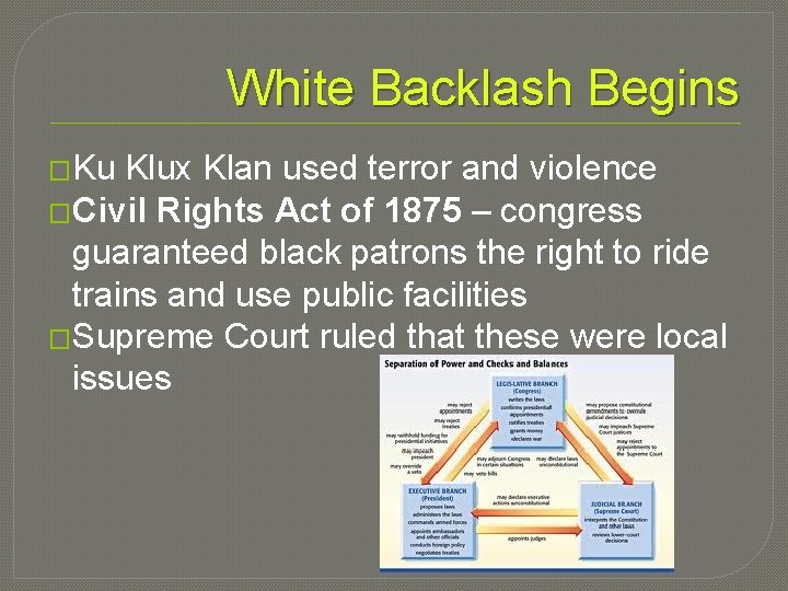 White Backlash Begins �Ku Klux Klan used terror and violence �Civil Rights Act of