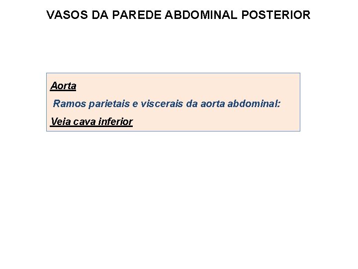 VASOS DA PAREDE ABDOMINAL POSTERIOR Aorta Ramos parietais e viscerais da aorta abdominal: Veia