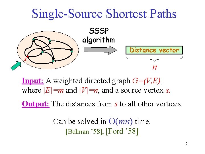 Single-Source Shortest Paths SSSP algorithm Distance vector s n Input: A weighted directed graph