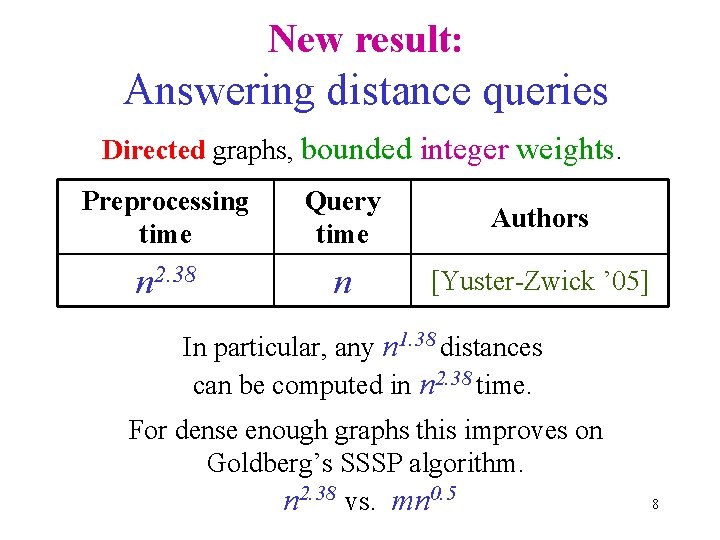 New result: Answering distance queries Directed graphs, bounded integer weights. Preprocessing time Query time