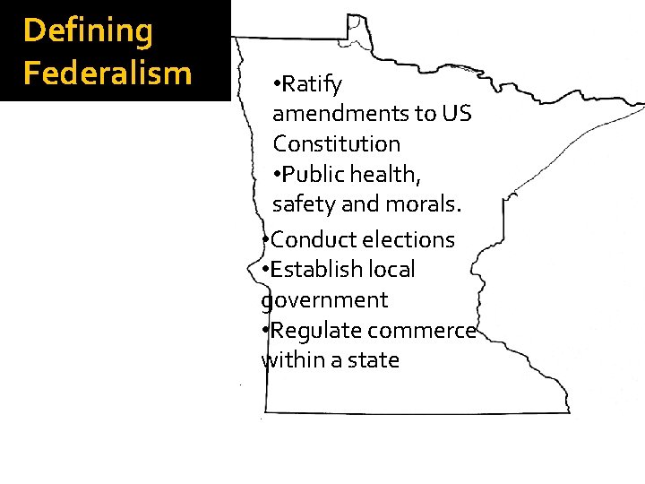 Defining Federalism • Ratify amendments to US Constitution • Public health, safety and morals.