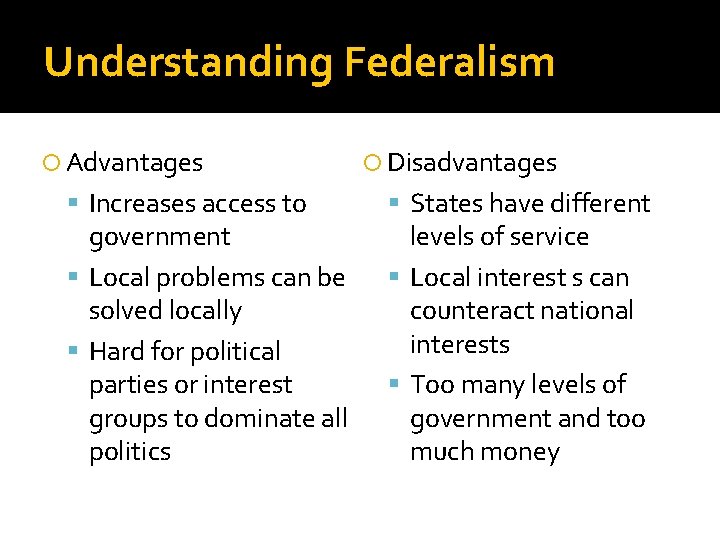 Understanding Federalism Advantages Increases access to government Local problems can be solved locally Hard