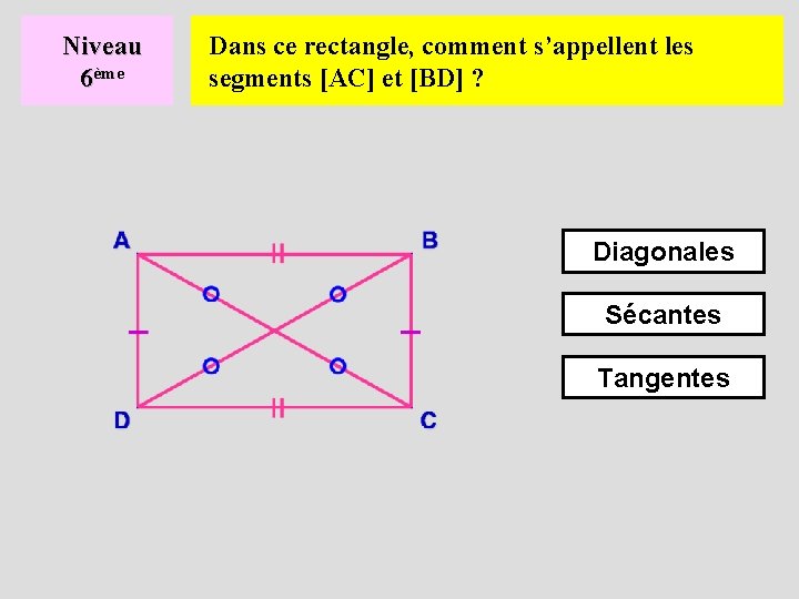 Niveau 6ème Dans ce rectangle, comment s’appellent les segments [AC] et [BD] ? Diagonales